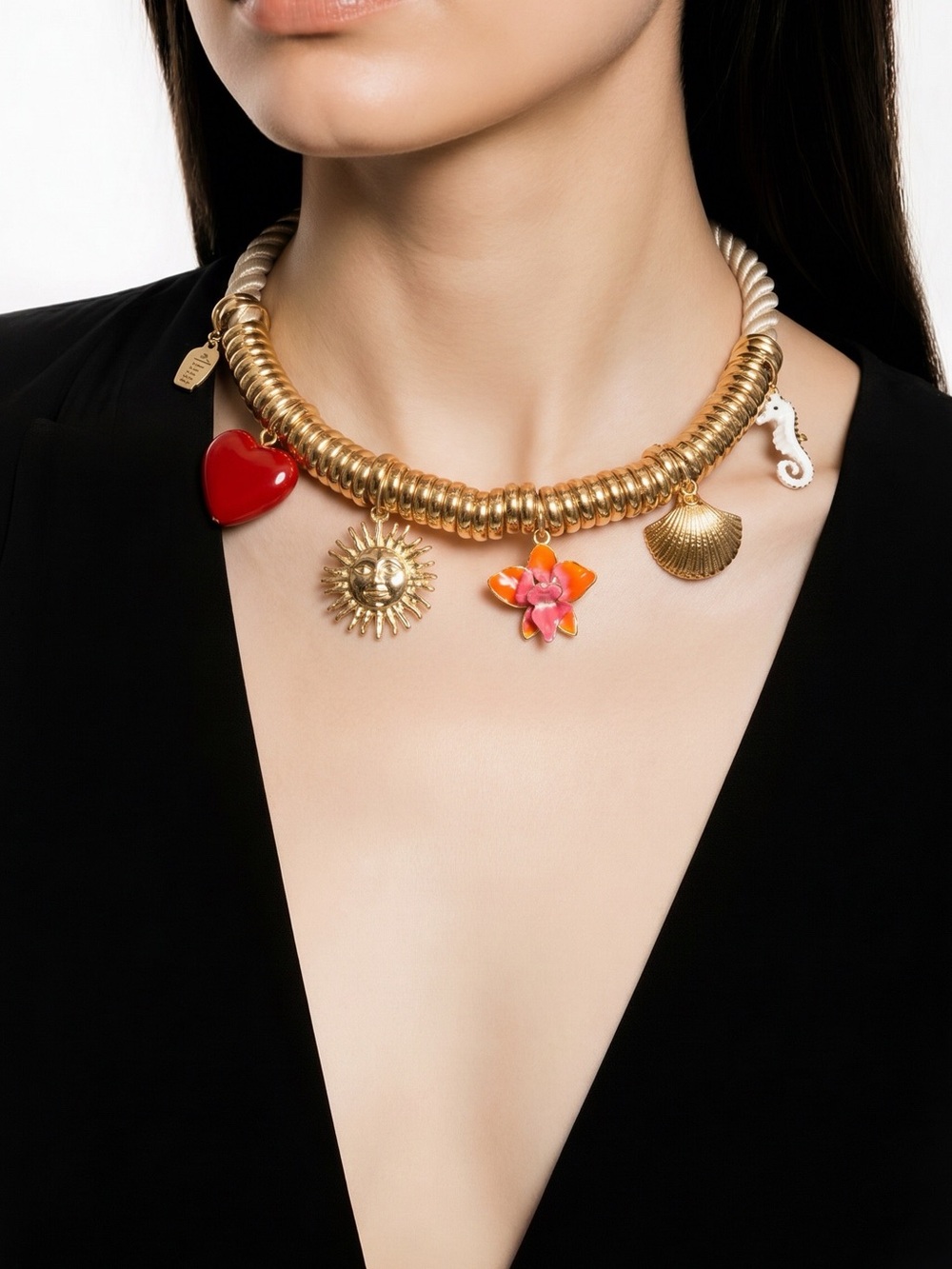 Gold Charm Collar Necklace with Red Heart and Orange Flower -